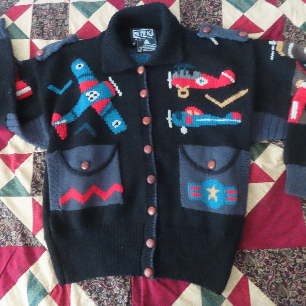 Vtg Hand Knit Berek Aviator Ugly Christmas Sweater Pilot Top Gun Flight Theme M